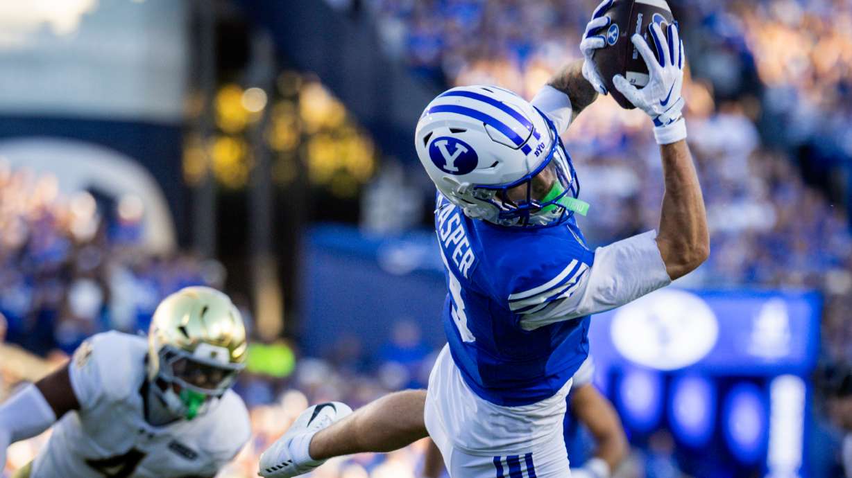 BYU Cougars wide receiver Kyler Kasper (3) catches the ball during a football game against the Notre Dame Fighting Irish at LaVell Edwards Stadium in Provo on Saturday, Oct. 17, 2026.