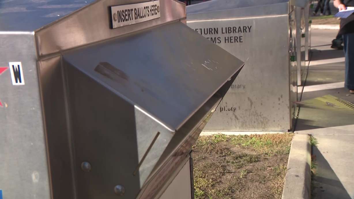 Ballot boxes at a No Kings rally in downtown Salt Lake City, Saturday. People gathered at the state Capitol for the rally and to make their voices heard through voting.