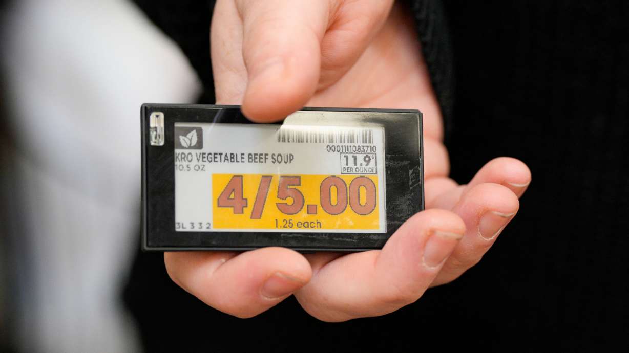 An electronic price tag is displayed at a Kroger grocery store Nov. 13, 2024, in Monroe, Ohio.