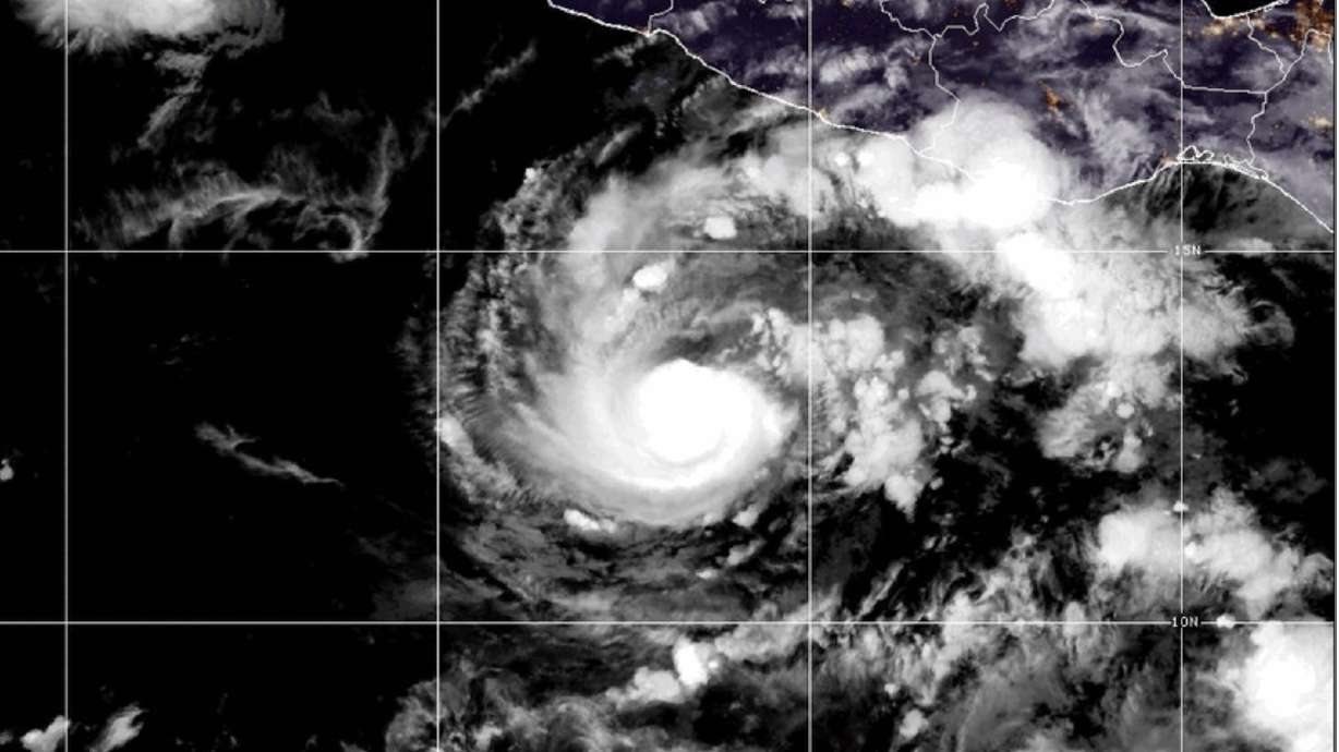 This GOES-19 GeoColor satellite image provided by the National Oceanic and Atmospheric Administration (NOAA) and taken on Thursday, Oct. 15, shows Hurricane Trudy in the Pacific.