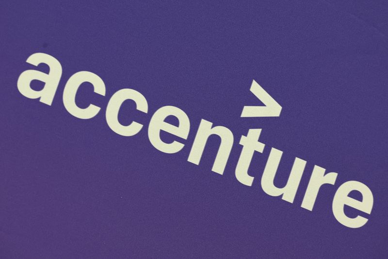 The logo of digital consultancy firm Accenture is displayed over a booth at the Web Summit digital trade show in Vancouver, British Columbia, Canada, May 12, 2026.