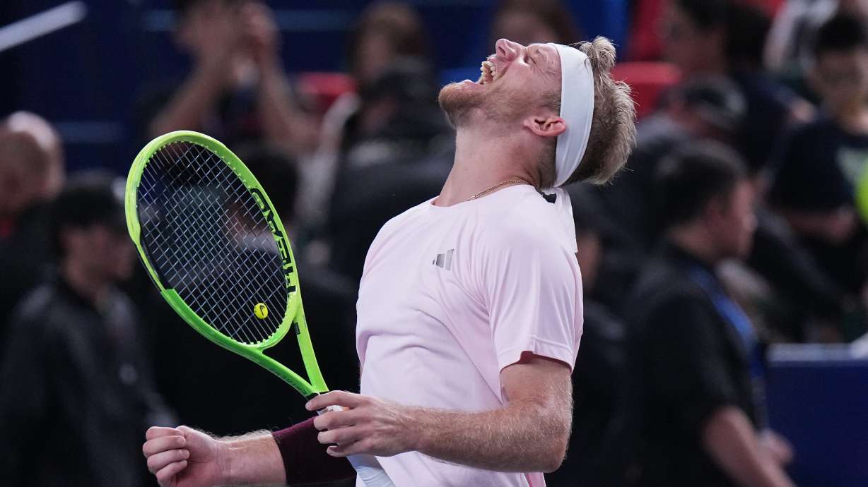 Spain's Alejandro Davidovich Fokina celebrates after winning the men's singles final against Spain's Rafael Jodar at the Shanghai Masters tennis tournament in Shanghai, China, Sunday, Oct. 18, 2026.