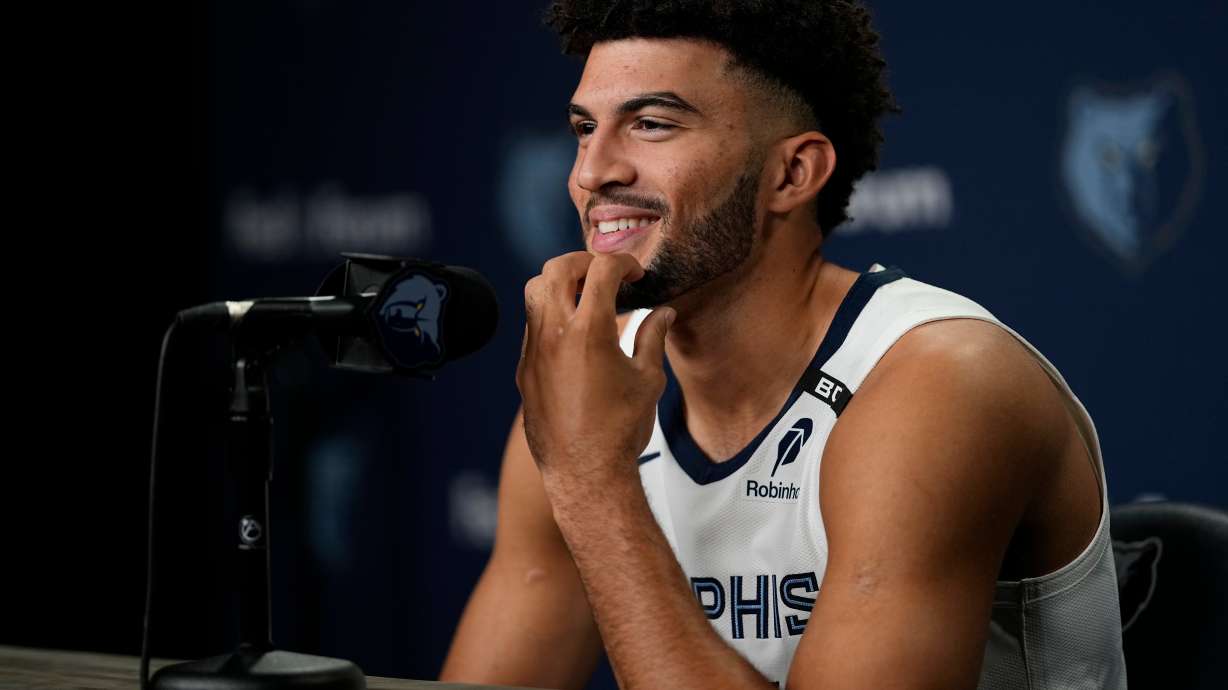 Memphis Grizzlies forward Cameron Boozer speaks during the NBA basketball team's media day Monday, Sept. 28, 2026, in Memphis, Tenn.