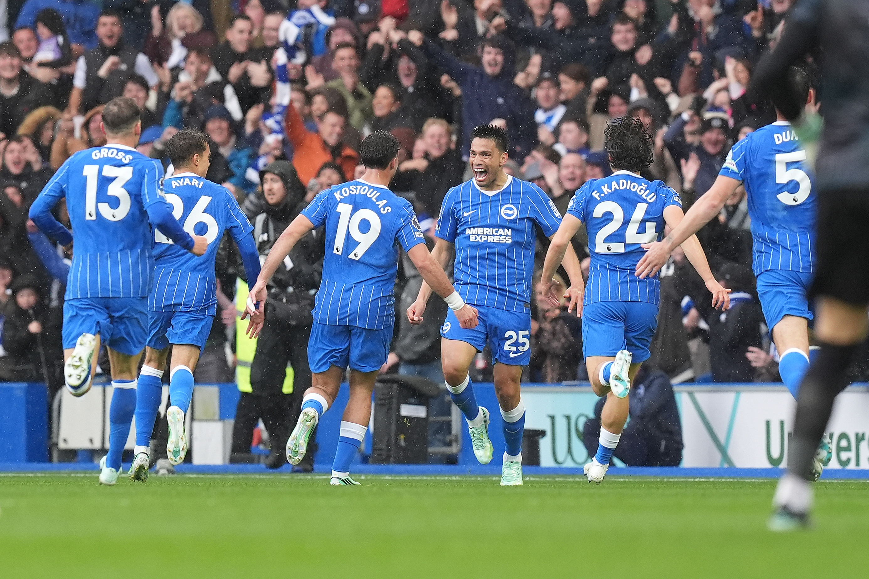Brighton's Diego Gomez, center, celebrates scoring during the English Premier League soccer match between Brighton and Hove Albion and Crystal Palace in Brighton, England, Sunday, Oct. 18, 2026. 