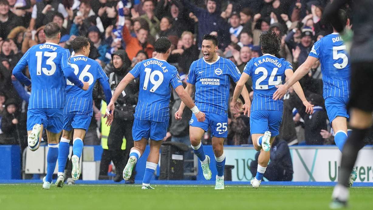 Brighton's Diego Gomez, center, celebrates scoring during the English Premier League soccer match between Brighton and Hove Albion and Crystal Palace in Brighton, England, Sunday, Oct. 18, 2026.