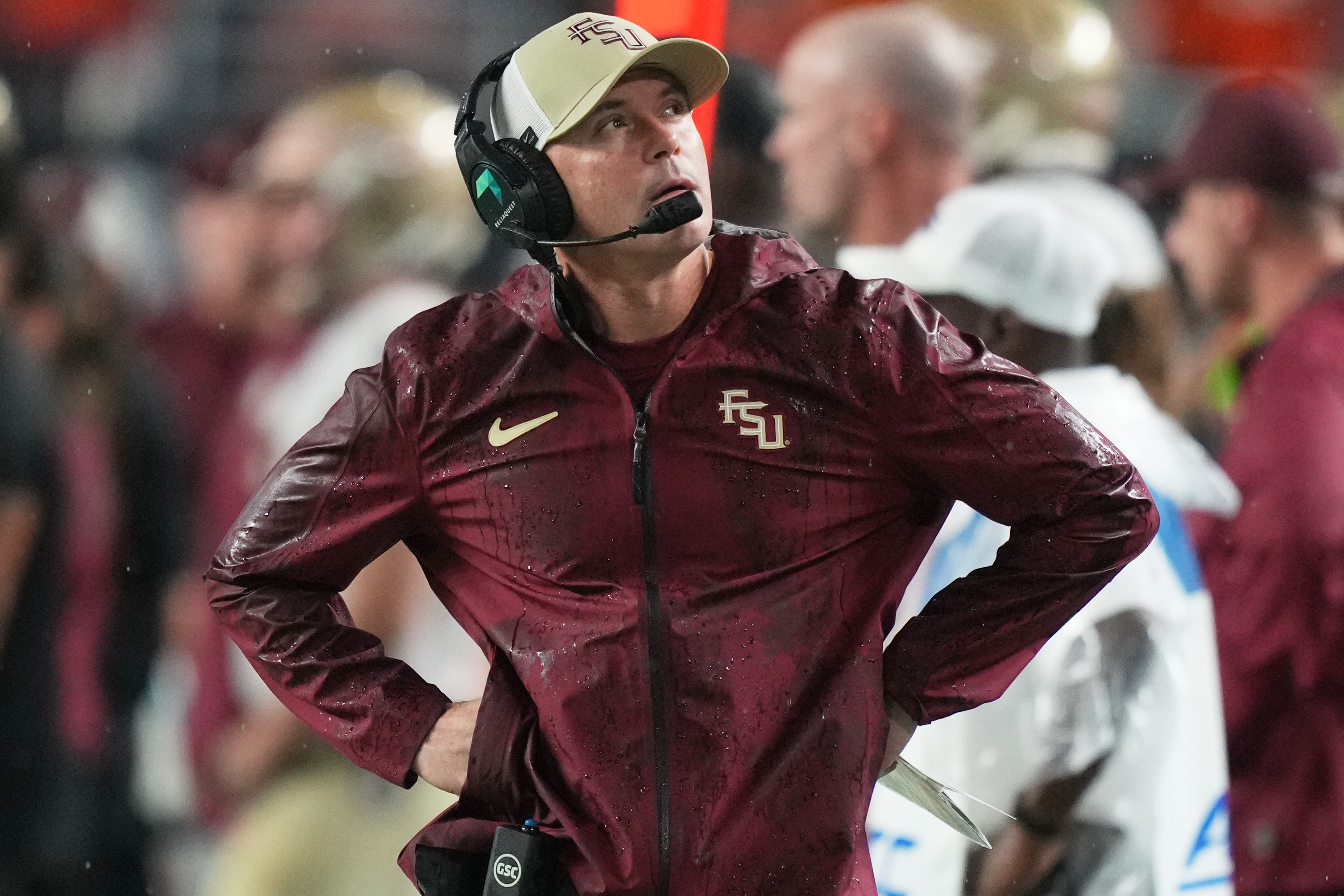 Florida State head coach Mike Norvell watches from the sideline during the first half of an NCAA college football game against Miami, Saturday, Oct. 17, 2026, in Miami Gardens, Fla. 