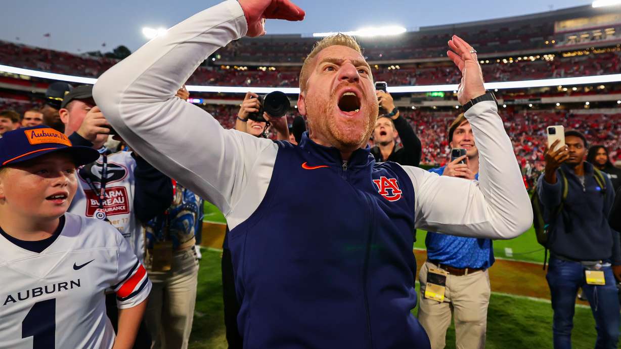 Auburn head coach Alex Golesh reacts after an NCAA college football game against Georgia, Saturday, Oct. 17, 2026, in Athens, Ga.