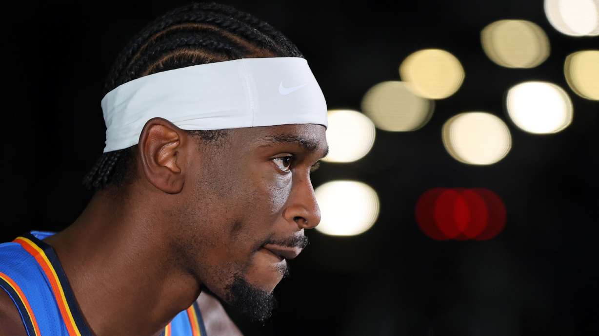 Oklahoma City Thunder's Shai Gilgeous-Alexander listens while giving an interview during the NBA basketball team's media day Monday, Sept. 28, 2026, in Oklahoma City.