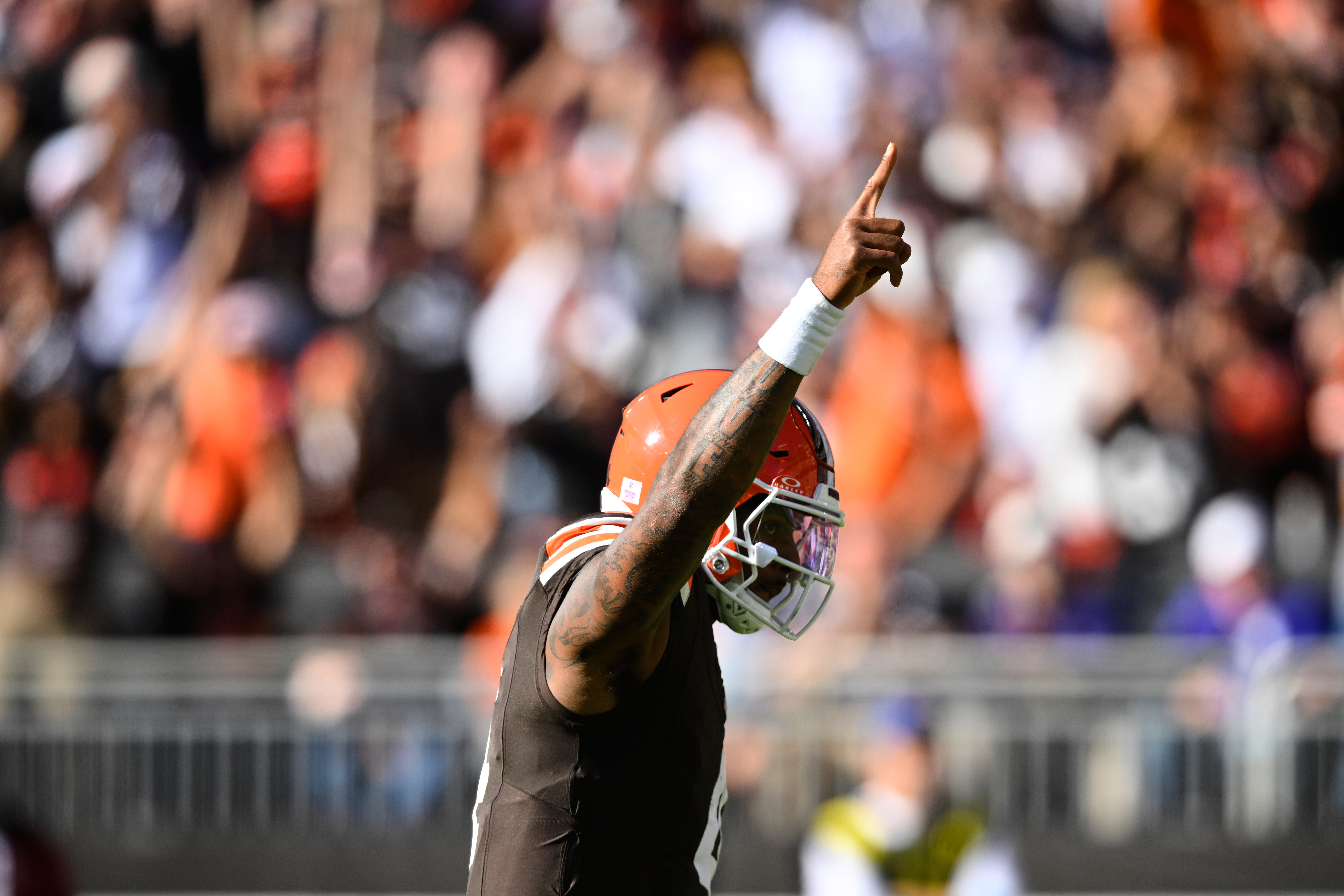 Cleveland Browns quarterback Deshaun Watson gestures after running back Audric Estime scored a touchdown during the second half of an NFL football game against the Baltimore Ravens in Cleveland, Sunday, Oct. 18, 2026. 