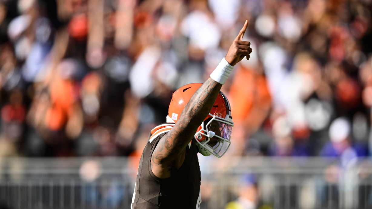 Cleveland Browns quarterback Deshaun Watson gestures after running back Audric Estime scored a touchdown during the second half of an NFL football game against the Baltimore Ravens in Cleveland, Sunday, Oct. 18, 2026.