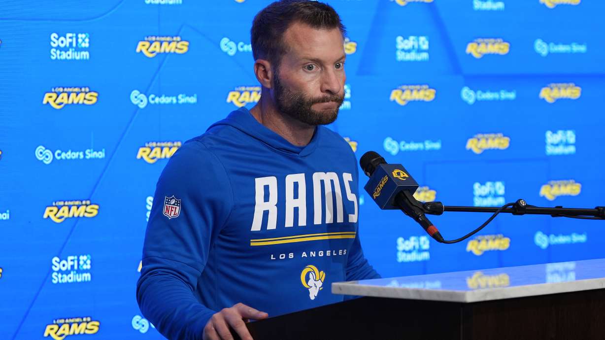 Los Angeles Rams head coach Sean McVay speaks at a news conference after an NFL football game against the Arizona Cardinals in Inglewood, Calif., Sunday, Oct. 18, 2026.