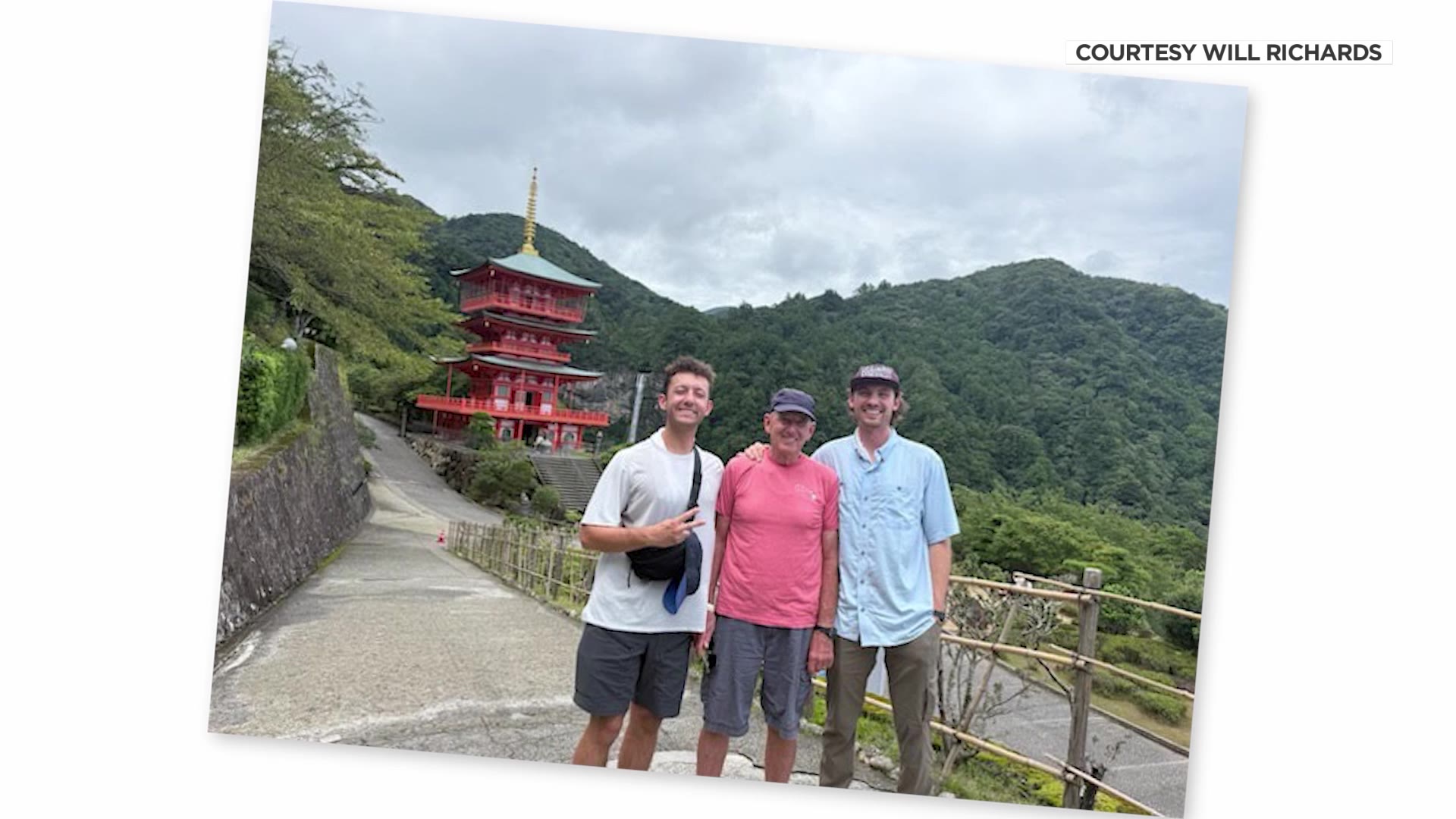 Will Richards is pictured with his Grandpa John and cousin during his walk from the "very top" to the "very bottom" of Japan.