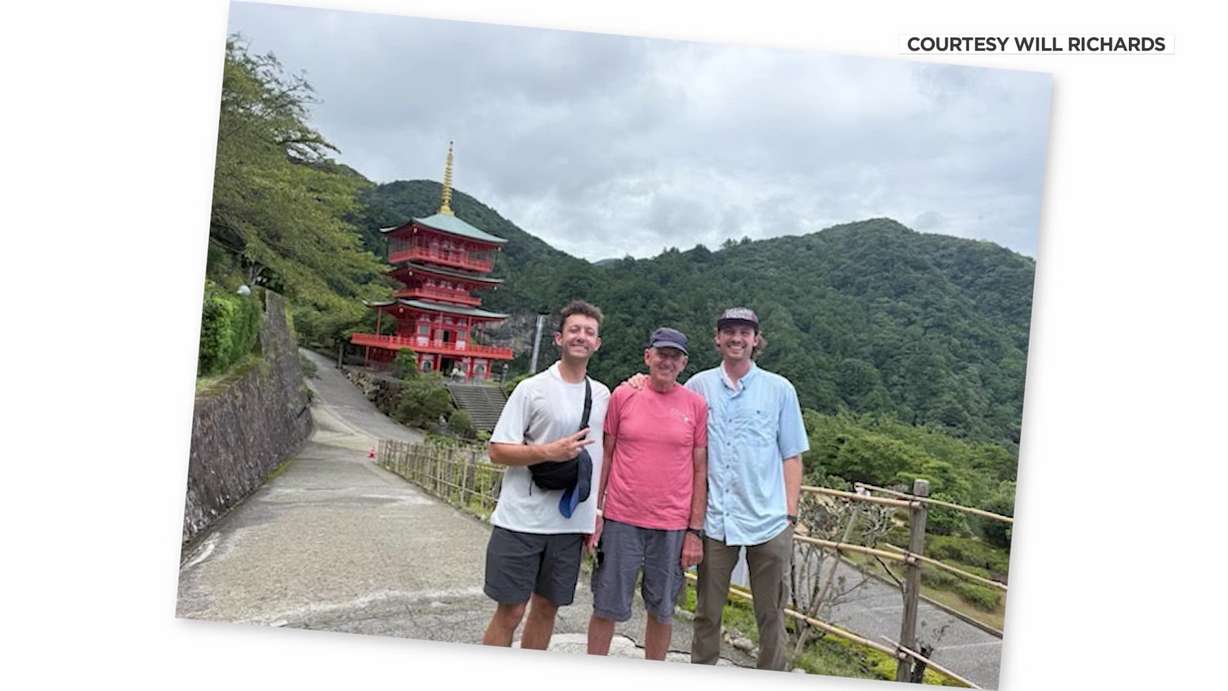 Will Richards is pictured with his Grandpa John and cousin during his walk from the "very top" to the "very bottom" of Japan.