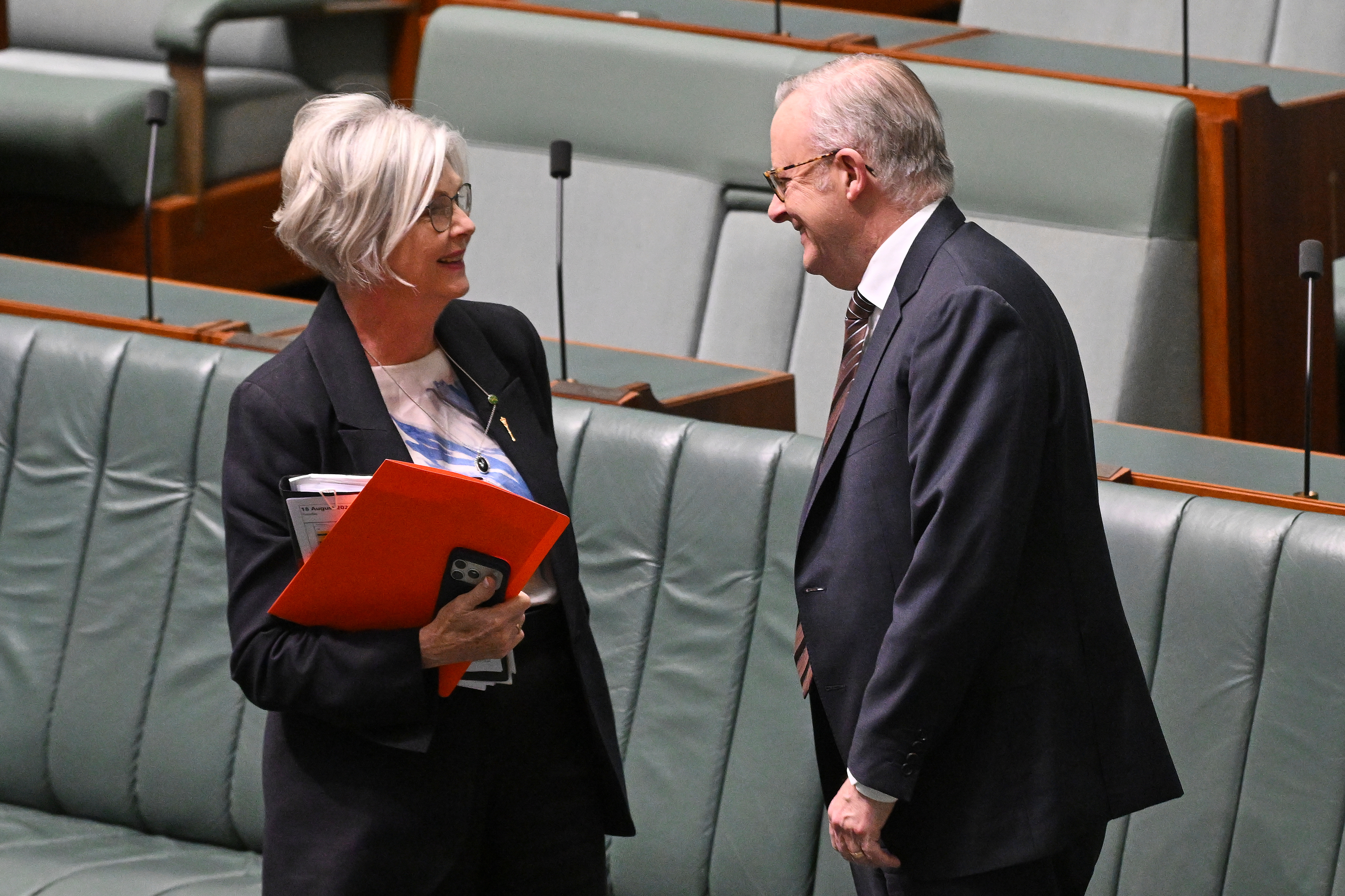 Australian Prime Minister Anthony Albanese speaks to Independent member of Parliament, Helen Haines, in the House of Representatives at Parliament House in Canberra, Australia, Tuesday, Aug. 18.