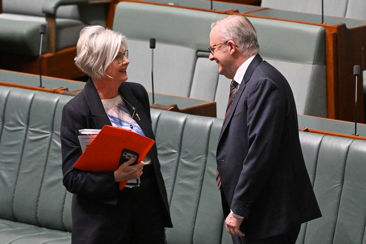 Australian Prime Minister Anthony Albanese speaks to Independent member of Parliament, Helen Haines, in the House of Representatives at Parliament House in Canberra, Australia, Tuesday, Aug. 18.