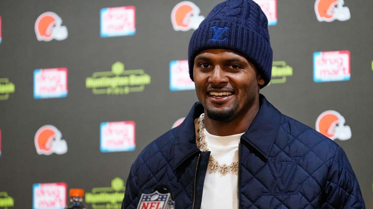 Cleveland Browns quarterback Deshaun Watson speaks during a press conference after an NFL football game against the Baltimore Ravens in Cleveland, Sunday, Oct. 18, 2026.