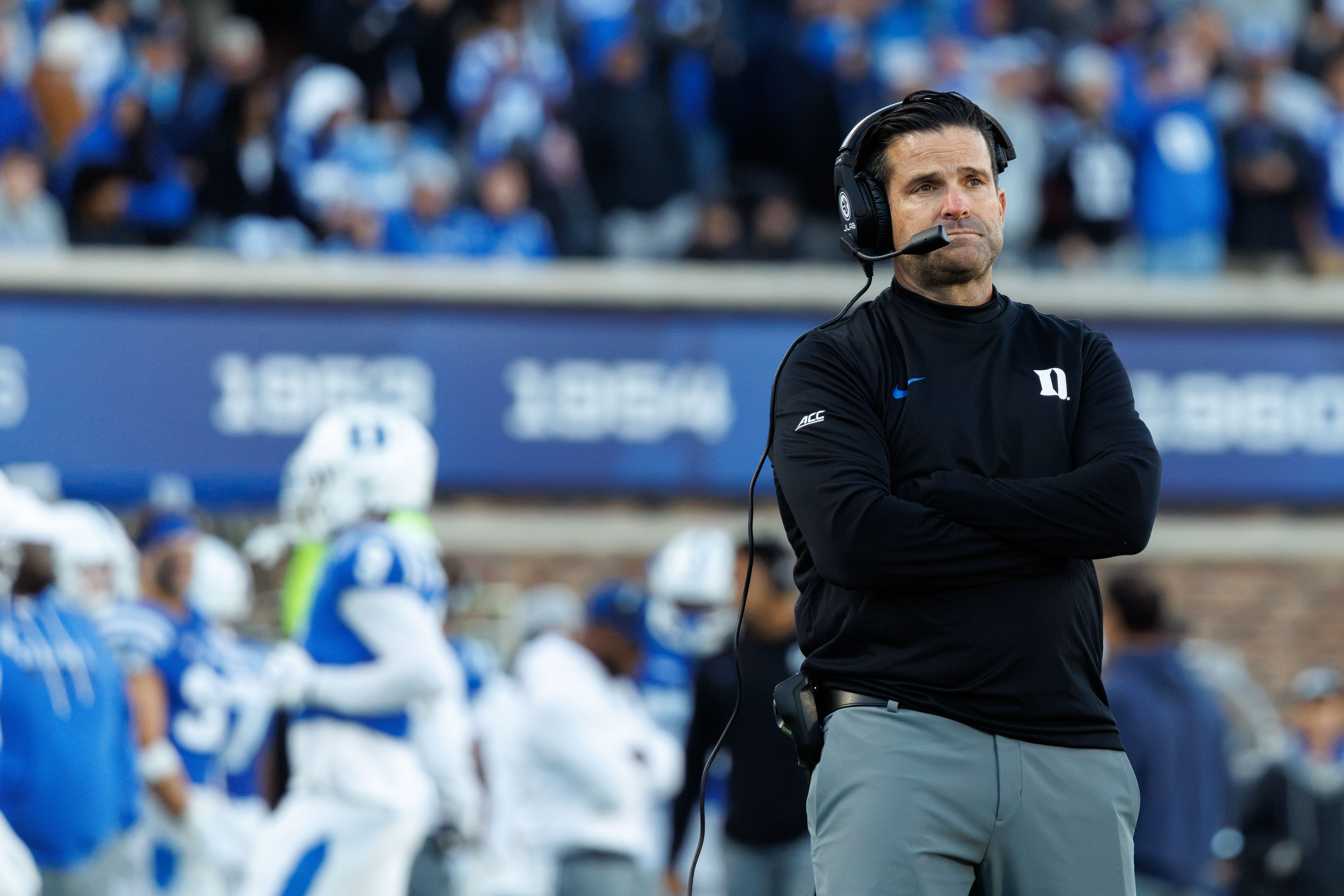 Duke head coach Manny Diaz looks toward he scoreboard during the second half of an NCAA college football game against North Carolina in Durham, N.C., Saturday, Oct. 17, 2026. 