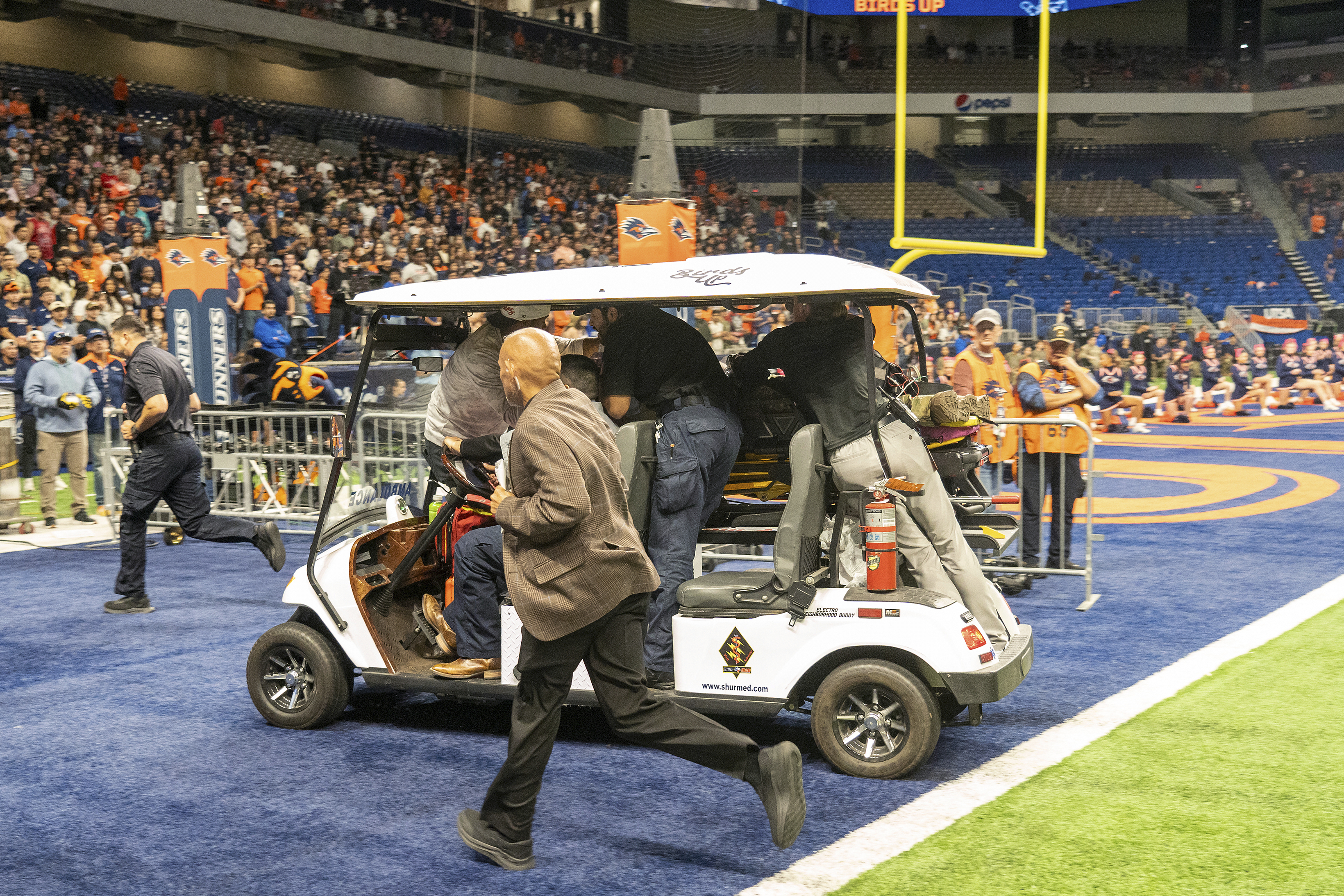 Emergency responders react to an accident before UTSA’s annual Salute to Armed Forces and Veterans football game at the Alamodome, Saturday, Oct. 17, 2026 in San Antonio, Texas. 