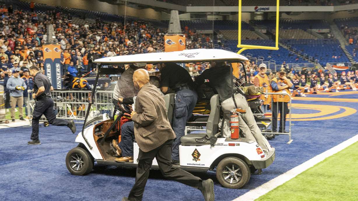 Emergency responders react to an accident before UTSA’s annual Salute to Armed Forces and Veterans football game at the Alamodome, Saturday, Oct. 17, 2026 in San Antonio, Texas.