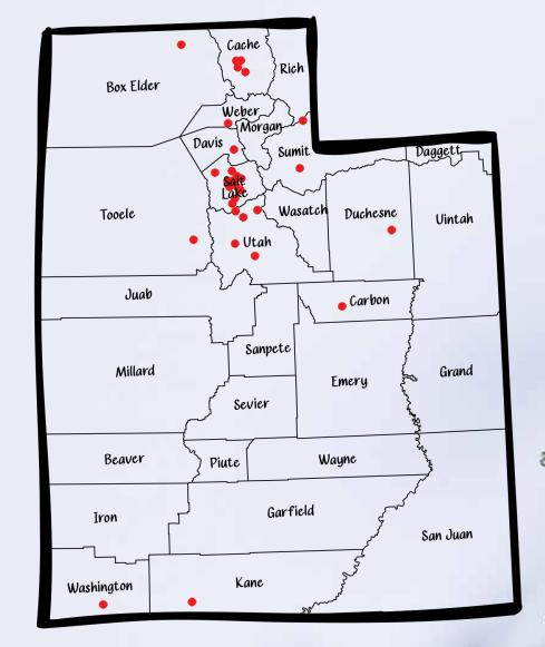 The locations of fatal crashes involving teens in 2025 in Utah.