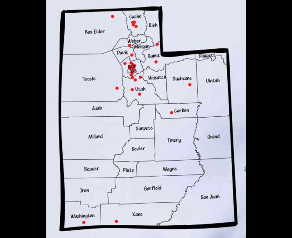 The locations of fatal crashes involving teens in 2025 in Utah.
