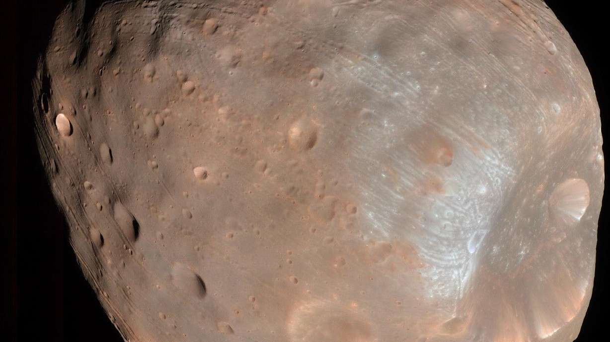 This photo provided by NASA/JPL-Caltech/University of Arizona, taken with NASA's Mars Reconnaissance Orbiter, shows Phobos, one of Mars' moons, on March 23, 2008.