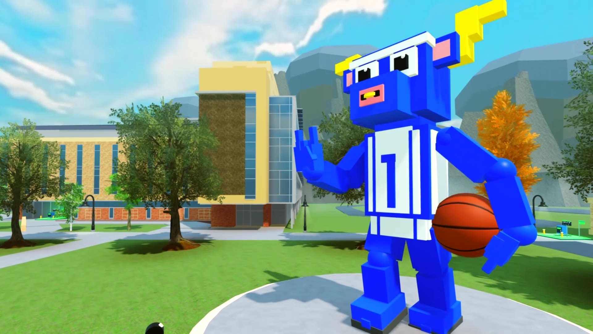Utah State University's mascot, Big Blue, is pictured in Roblox. A USU team is building a virtual version of the school's campus in Roblox.