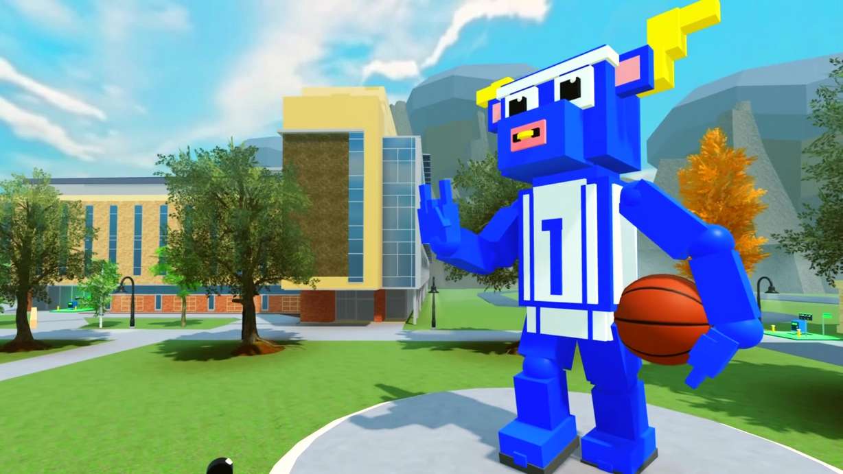 Utah State University's mascot, Big Blue, is pictured in Roblox. A USU team is building a virtual version of the school's campus in Roblox.