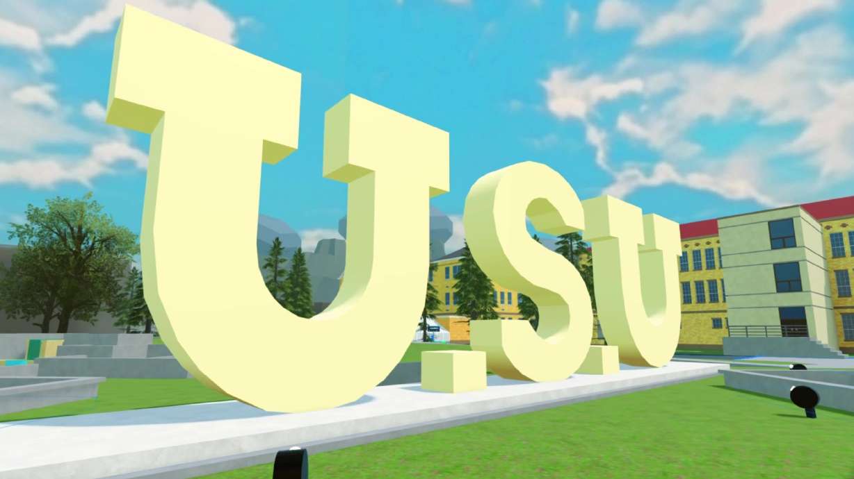 A Utah State University sign is pictured in Roblox. A USU team is building a virtual version of the school's campus in Roblox. Utah State University is giving potential students a new way to experience campus through two popular video games.