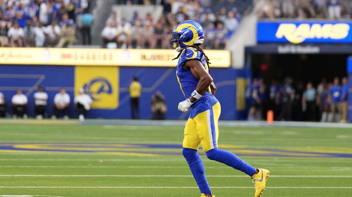 Los Angeles Rams wide receiver Davante Adams (17) makes his way to the sideline during the second half of an NFL football game in Inglewood, Calif., Sunday, Oct. 18, 2026.