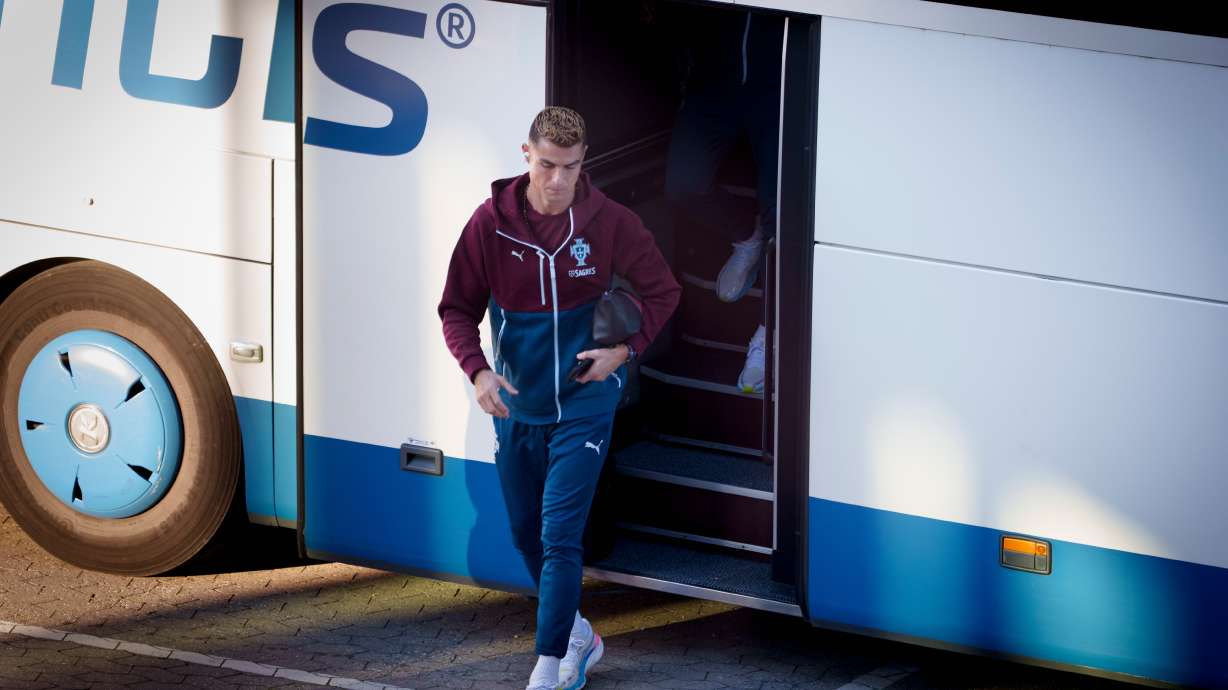 Portugal's Cristiano Ronaldo arrives for training in Copenhagen, Denmark, Wednesday, Sept. 30, 2026, ahead of their Nations League soccer match against Denmark.