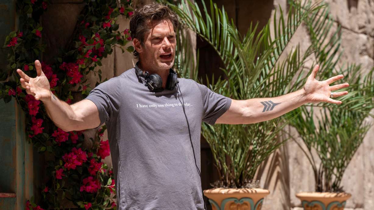 Dallas Jenkins, “The Chosen” creator, director and co-writer, gives an interview during a lunch break in filming for Season 7 of “The Chosen” at the Jerusalem outdoor studio in Goshen on June 8.