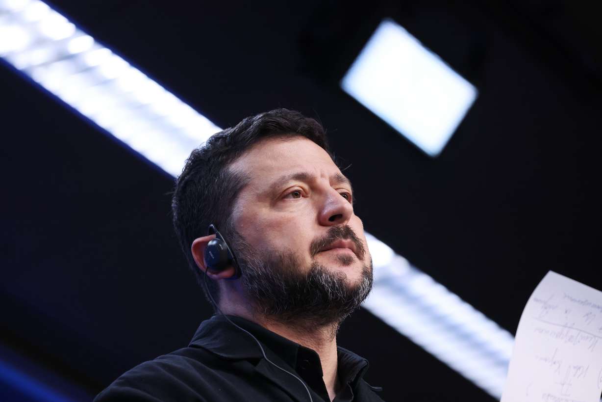 Ukraine's President Volodymyr Zelenskyy during a media conference at the EU summit in Brussels, Friday. Zelenskyy said Russia is taking no steps to end the nearly 4-year-old war with Ukraine.
