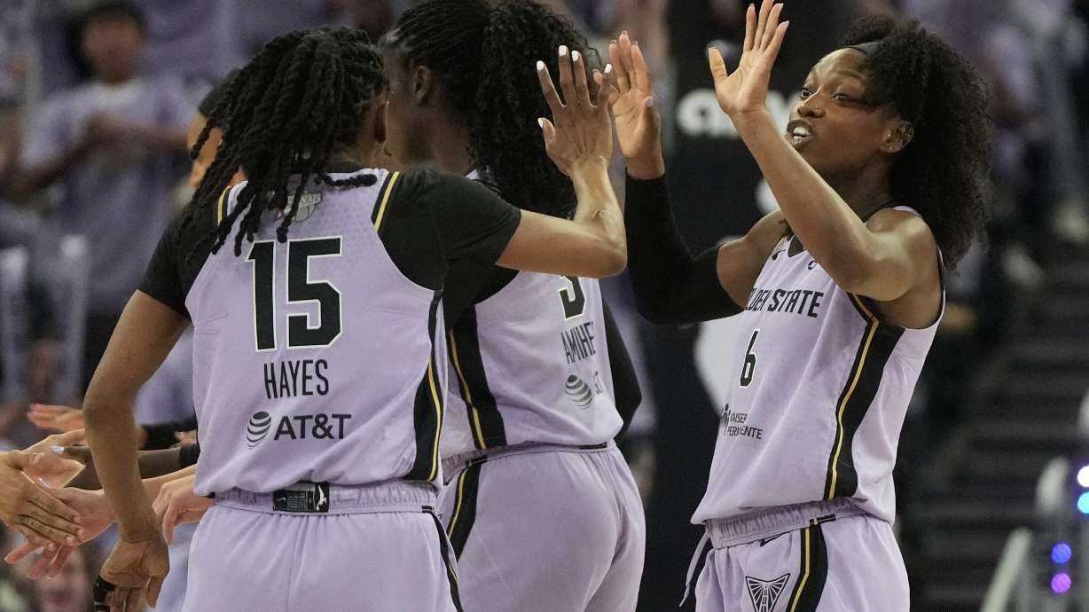 Golden State Valkyries guard Tiffany Hayes (15) celebrates with guard-forward Kaila Charles (6) during the second half of Game 1 of the WNBA basketball finals, Saturday, Oct. 17, 2026, in San Francisco.