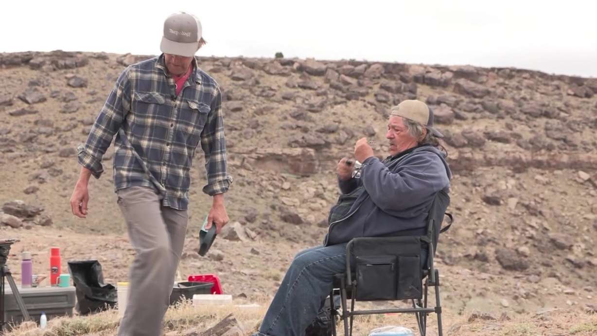 Don DeBlieux, Utah's assistant state paleontologist, left, and Utah State Paleontologist Jim Kirkland, right, work one of their final archeological digs together.