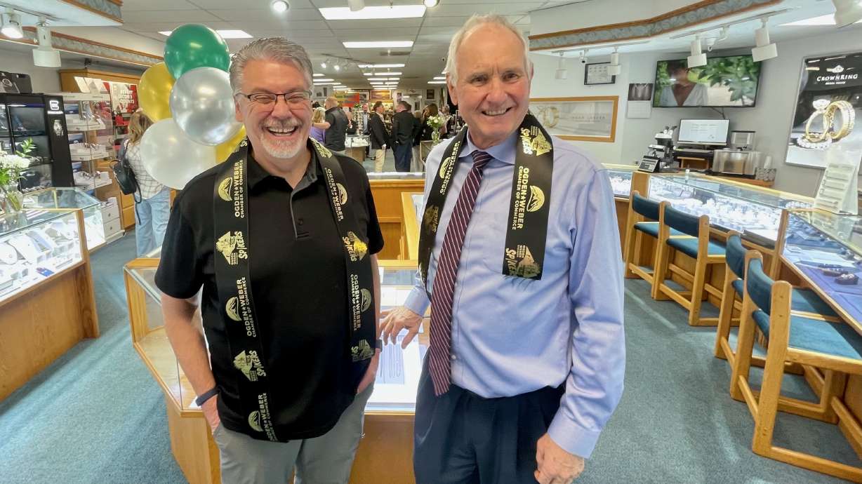 Farr's Jewelry, borne of a family with deep roots in Ogden, held a ceremony on Monday, Oct. 19, 2026, to mark 70 years in business. Pictured are Dirk Farr, right, vice president of the business, and Mike Ash, the store's general manager.