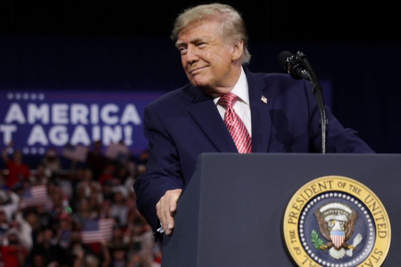 U.S. President Donald Trump reacts during a rally in support of Republican U.S. Senate reelection candidate Roger Marshall (R-KS) in Park City, Kansas, on Monday.