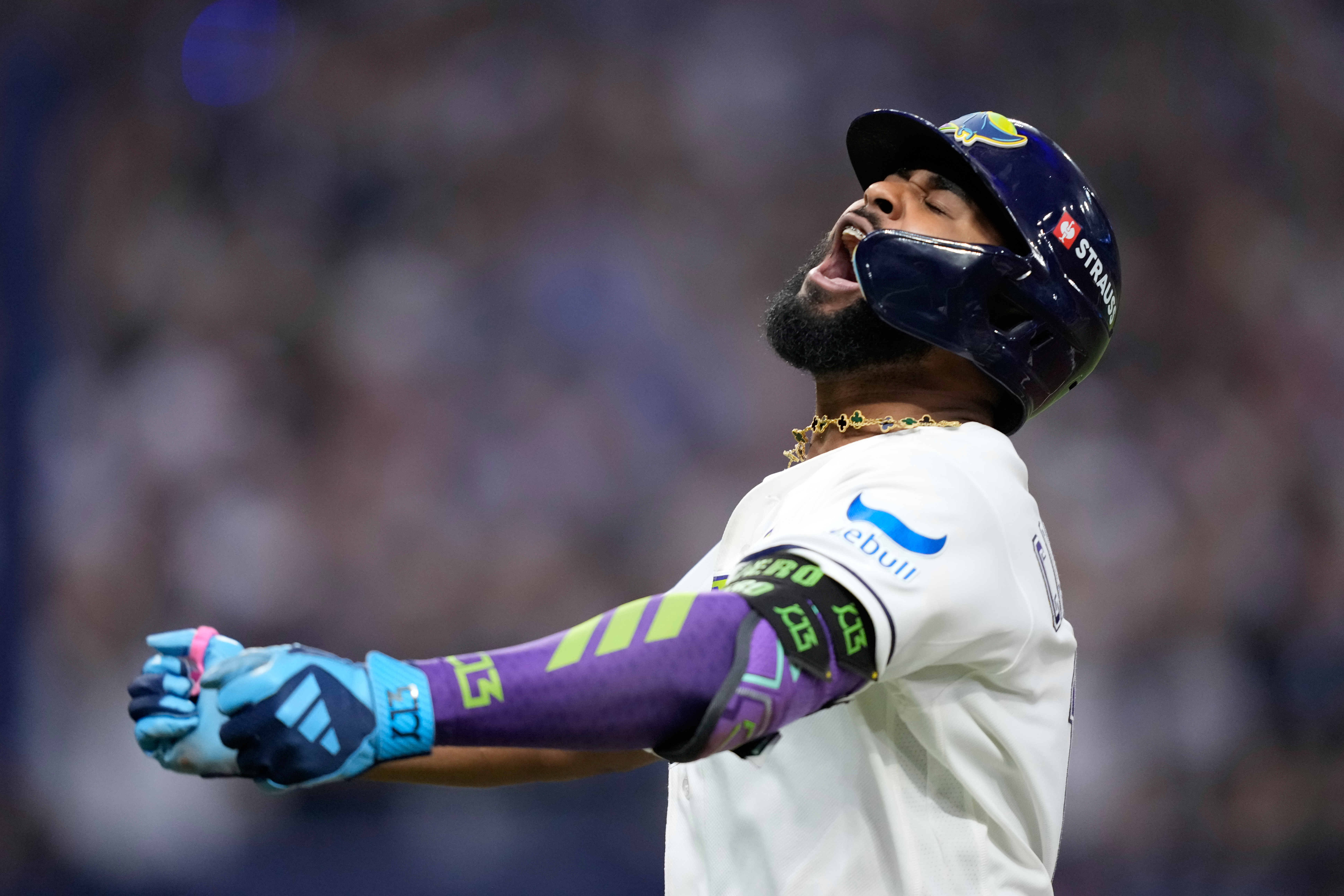 Tampa Bay Rays' Junior Caminero celebrates a two-run home run against the Cleveland Guardians during the seventh inning in Game 6 of an American League Championship Series baseball game in St. Petersburg, Fla. Monday, Oct. 19, 2026. 