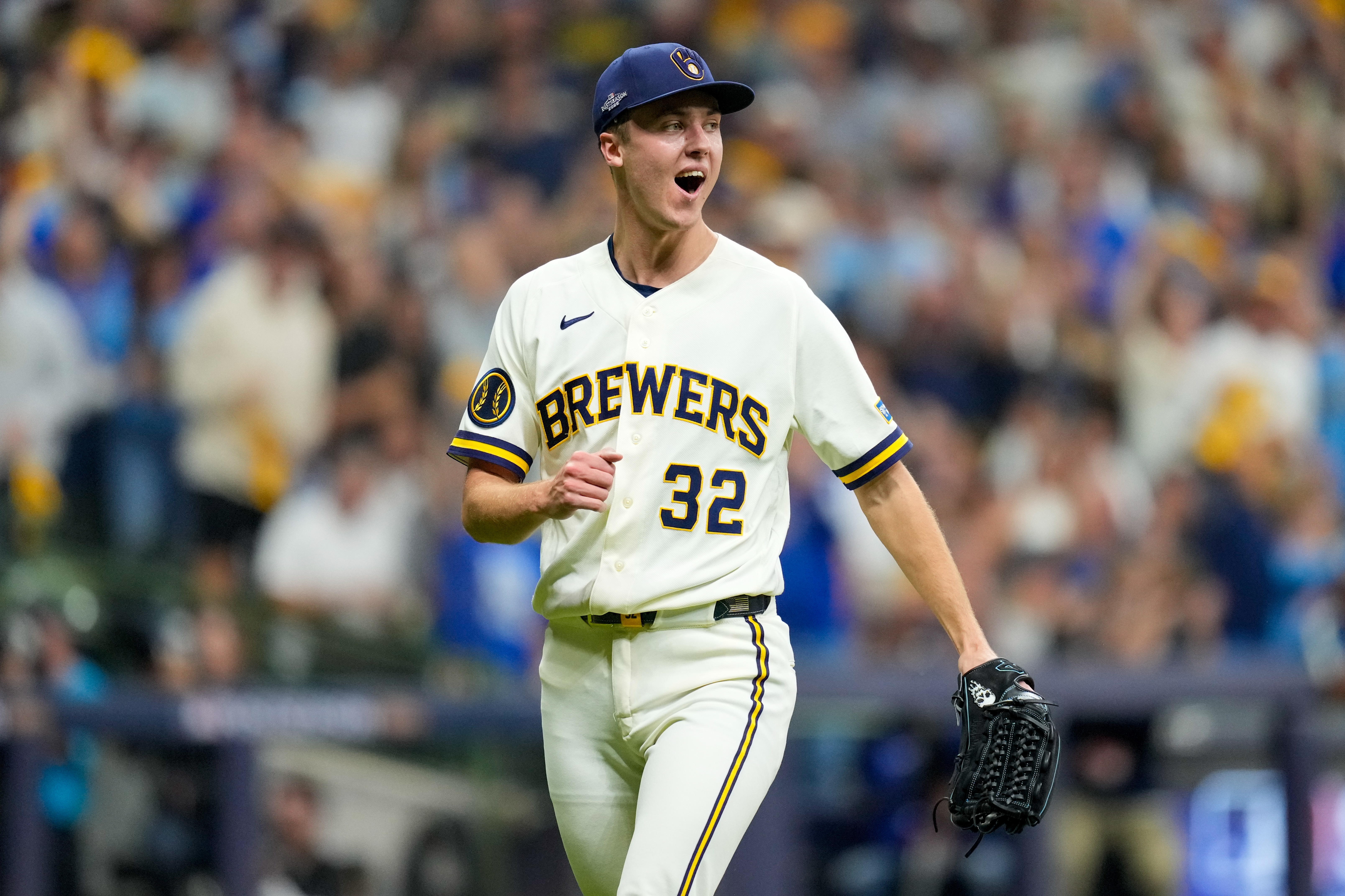 Milwaukee Brewers pitcher Jacob Misiorowski reacts to striking out Los Angeles Dodgers designated hitter Shohei Ohtani during the third inning of Game 1 of baseball's National League Championship Series between the Milwaukee Brewers and the Los Angeles Dodgers, Sunday, Oct. 11, 2026, in Milwaukee. 