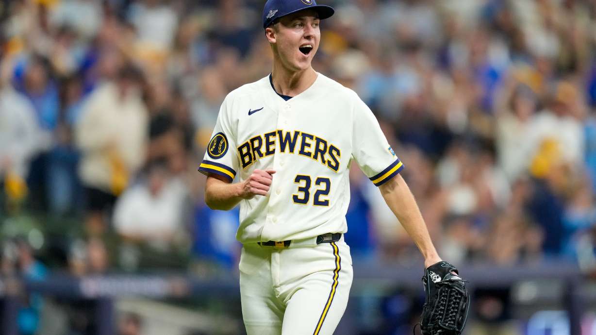 Milwaukee Brewers pitcher Jacob Misiorowski reacts to striking out Los Angeles Dodgers designated hitter Shohei Ohtani during the third inning of Game 1 of baseball's National League Championship Series between the Milwaukee Brewers and the Los Angeles Dodgers, Sunday, Oct. 11, 2026, in Milwaukee.