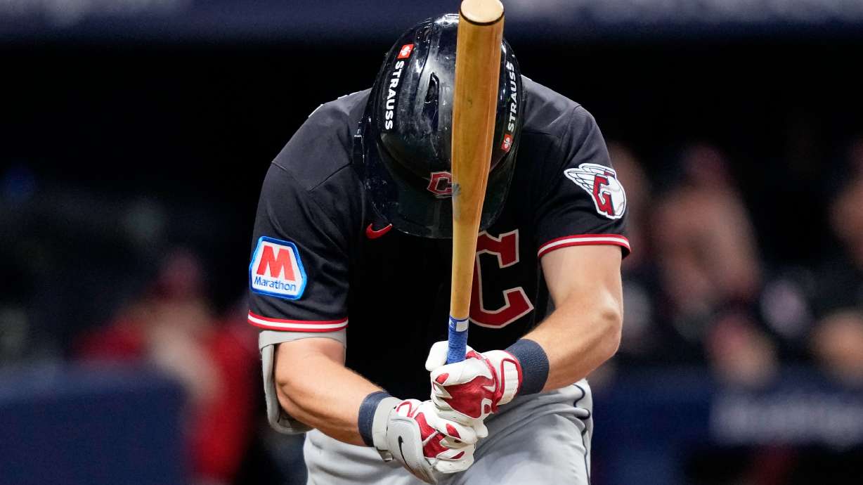 Cleveland Guardians' Travis Bazzana reacts after flying out Tampa Bay Rays during the second inning in Game 6 of an American League Championship Series baseball game in St. Petersburg, Fla. Monday, Oct. 19, 2026.