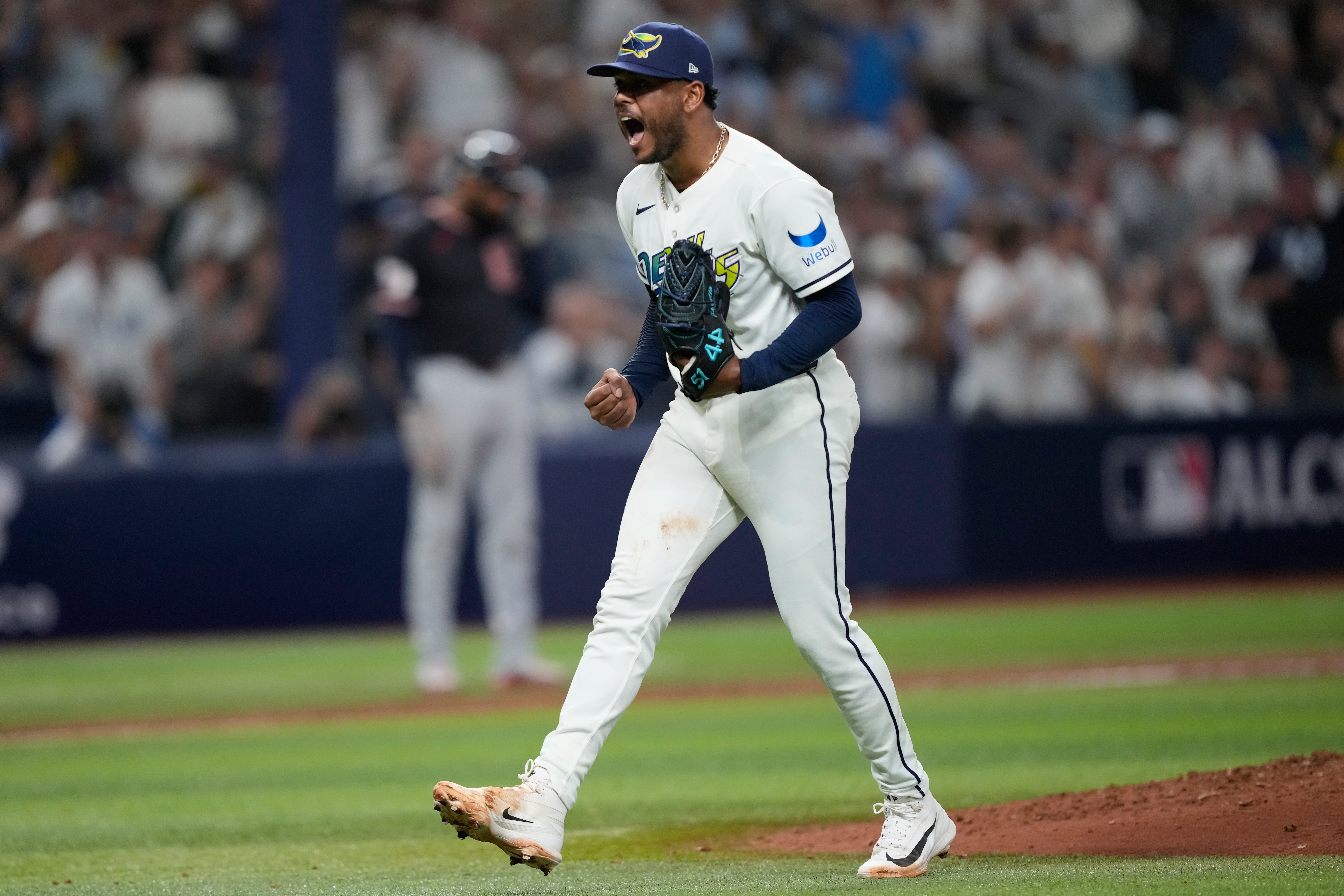 Tampa Bay Rays pitcher Freddy Peralta celebrates the end of the top of the fourth inning against the Cleveland Guardians in Game 6 of an American League Championship Series baseball game in St. Petersburg, Fla. Monday, Oct. 19, 2026. 