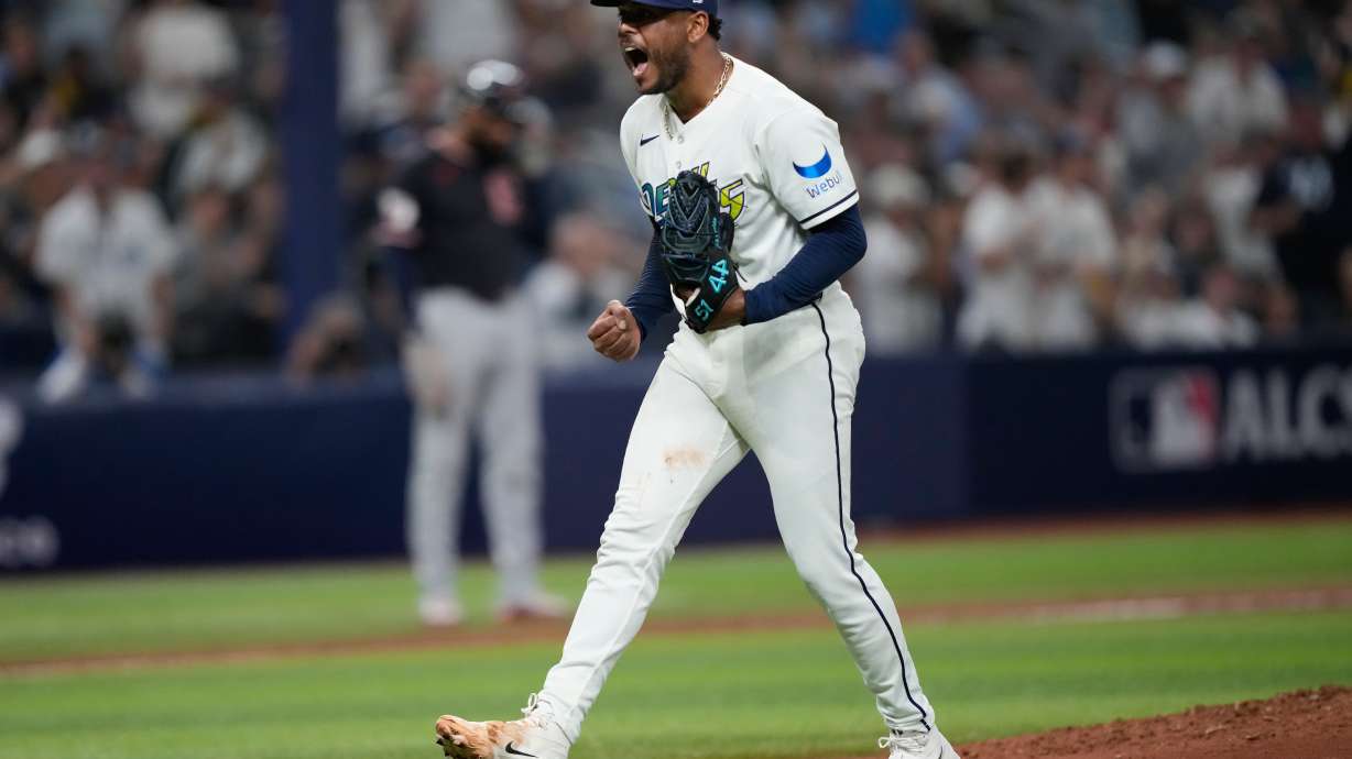 Tampa Bay Rays pitcher Freddy Peralta celebrates the end of the top of the fourth inning against the Cleveland Guardians in Game 6 of an American League Championship Series baseball game in St. Petersburg, Fla. Monday, Oct. 19, 2026.