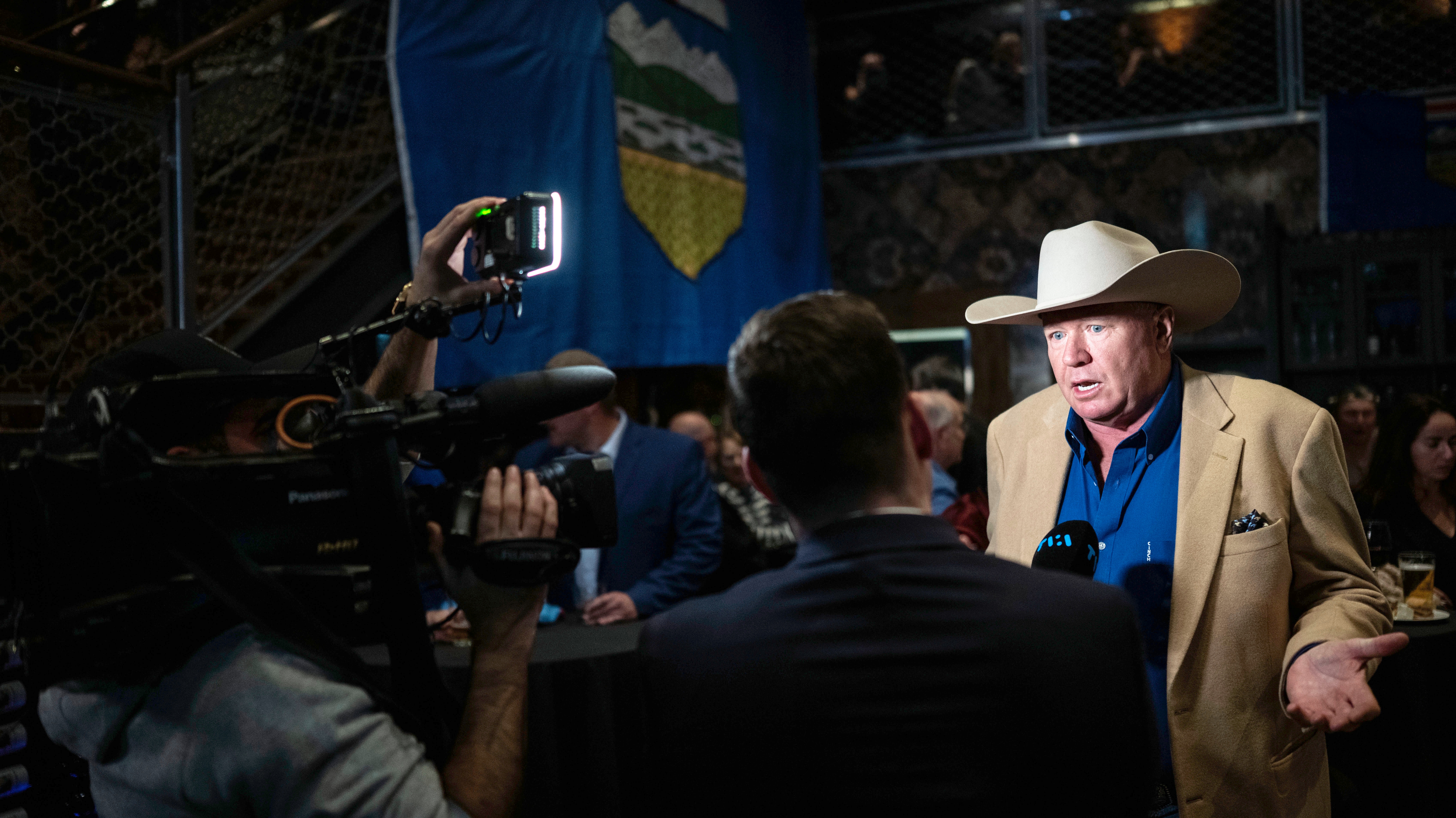 Jeff Rath, Calgary-based constitutional and Indigenous rights lawyer and co-founder of the Alberta Prosperity Project speaks with Le Canal Nouvelles at the Alberta Prosperity Project referendum watch party in Edmonton, Monday. Rath said the movement "isn't going anywhere" after the referendum was overwhelmingly voted down.