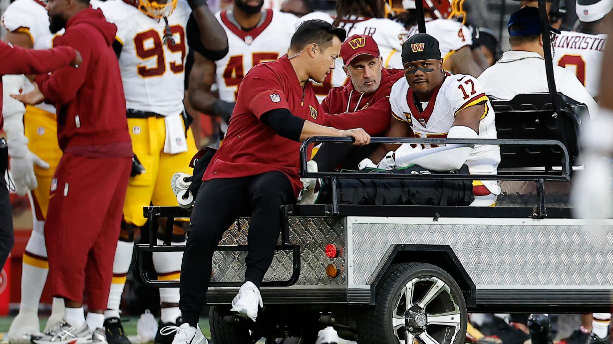 Washington Commanders wide receiver Terry McLaurin (17) is carted off the field during the first half of an NFL football game against the San Francisco 49ers in Santa Clara, Calif., Monday, Oct. 19, 2026.