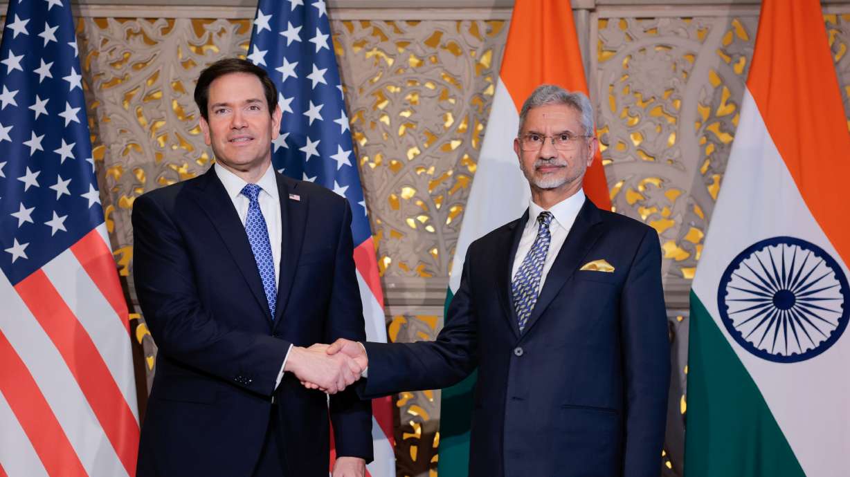 Secretary of State Marco Rubio shakes hands with India's Foreign Minister Subrahmanyam Jaishankar before their meeting in Mumbai, India, Tuesday. The two nations are seeking deepen energy cooperation and finalize a trade deal.