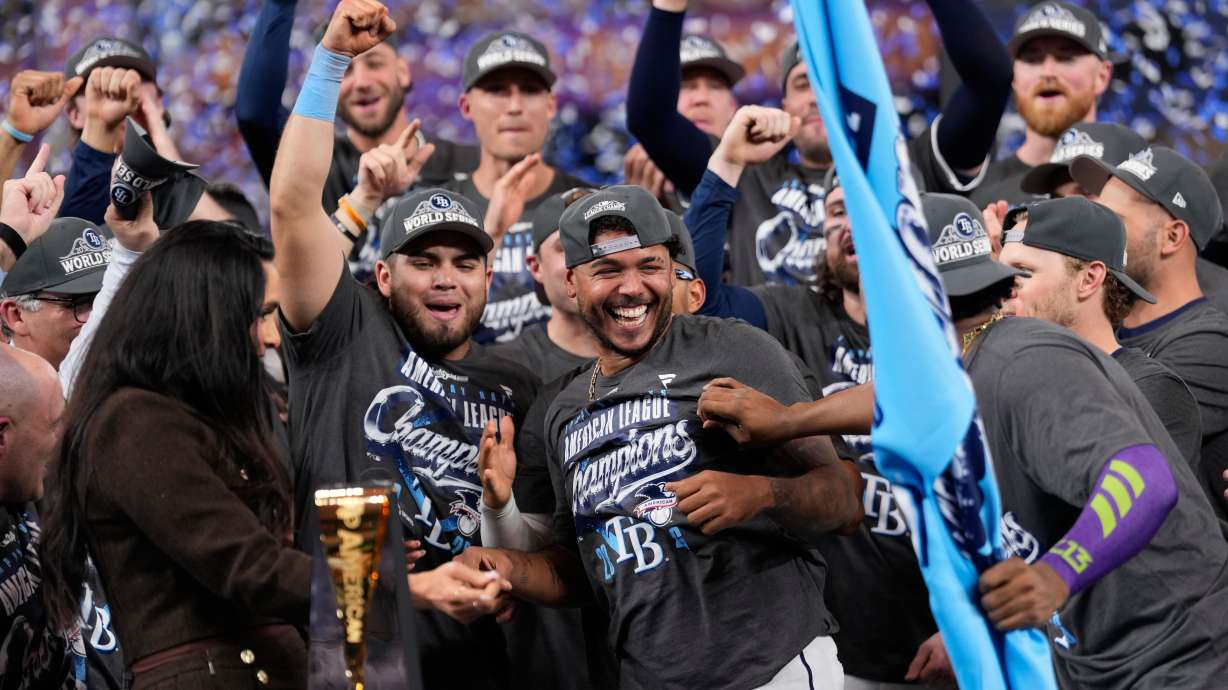 Tampa Bay Rays pitcher Freddy Peralta celebrates after their win against the Cleveland Guardians in Game 6 of an American League Championship Series baseball game in St. Petersburg, Fla. Monday, Oct. 19, 2026.