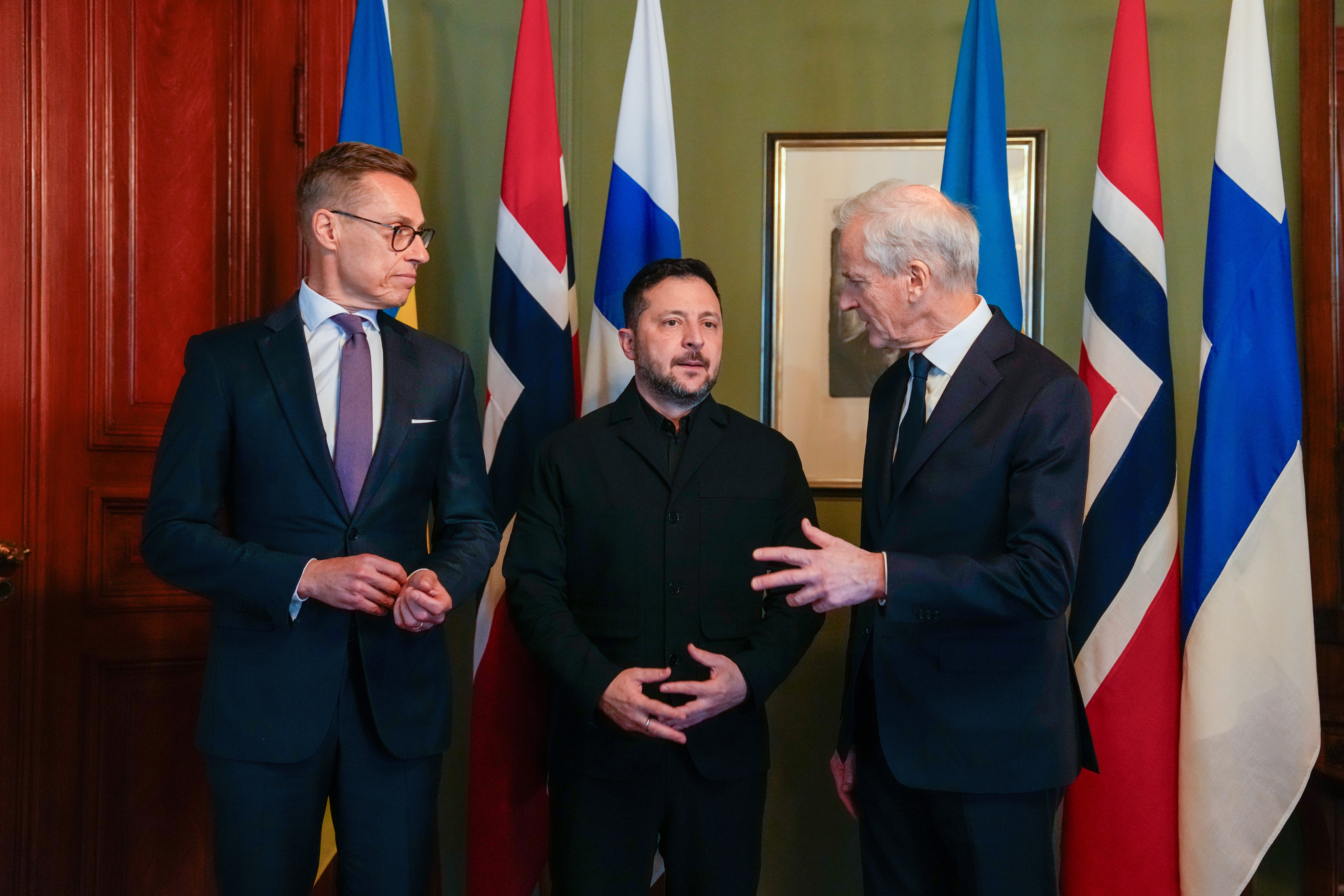 Ukrainian President Volodymyr Zelenskyy meets Norwegian Prime Minister Jonas Gahr Støre and Finnish President Alexander Stubb, in Oslo, Norway, Tuesday. The trio was joined by special envoy Steve Witkoff.