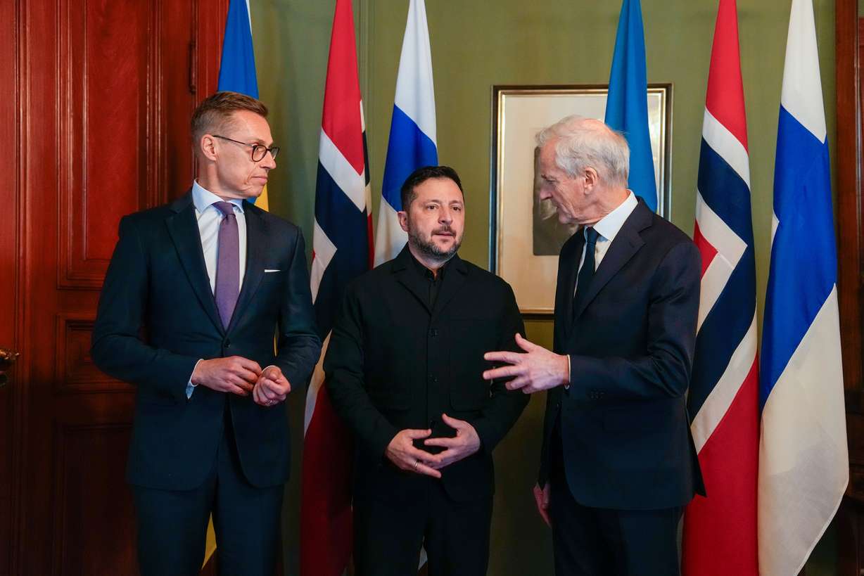 Ukrainian President Volodymyr Zelenskyy meets Norwegian Prime Minister Jonas Gahr Støre and Finnish President Alexander Stubb, in Oslo, Norway, Tuesday. The trio was joined by special envoy Steve Witkoff.