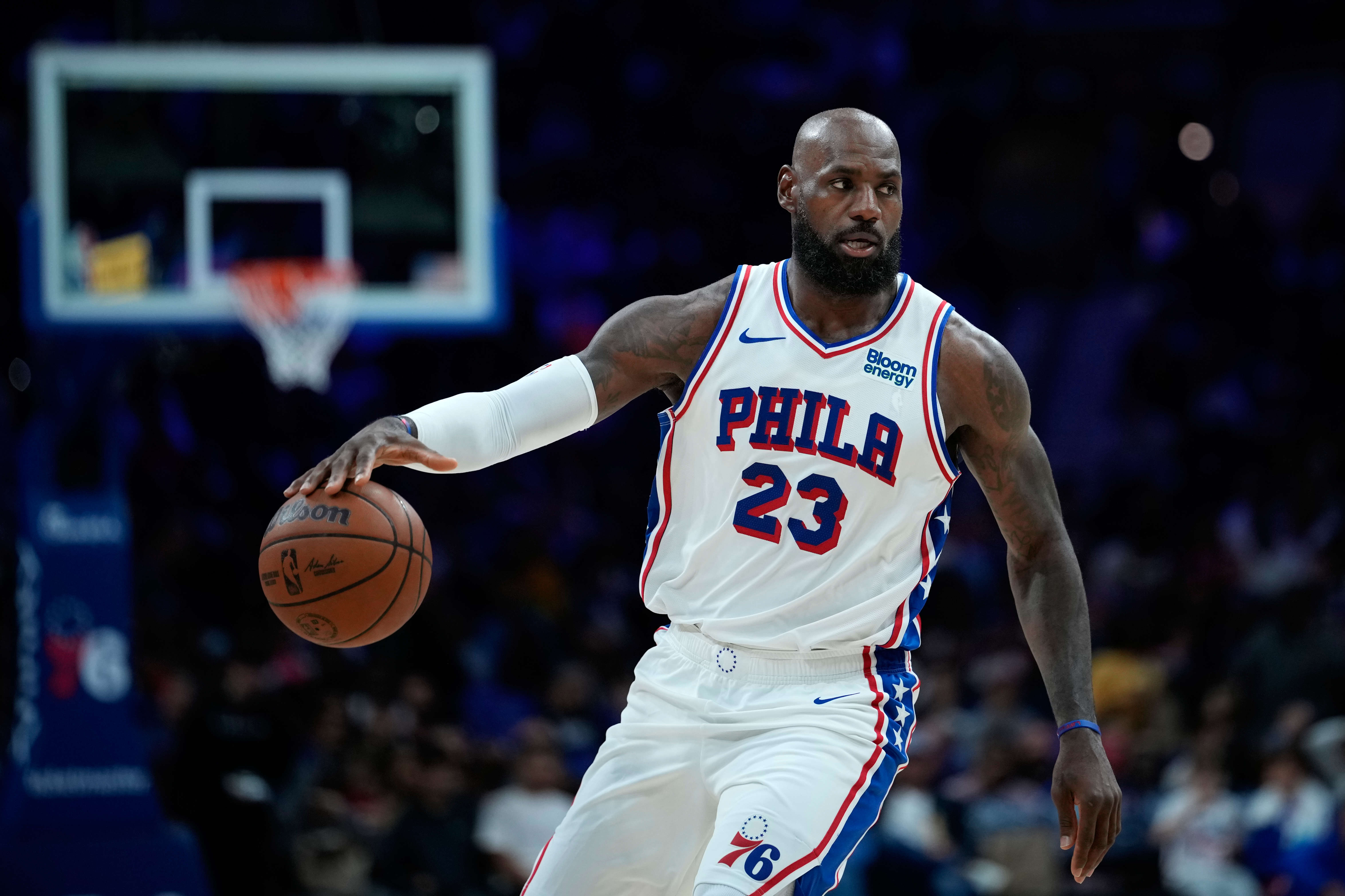 Philadelphia 76ers' LeBron James dribbles during the second half of a preseason NBA basketball game against the Boston Celtics Friday, Oct. 16, 2026, in Philadelphia. 